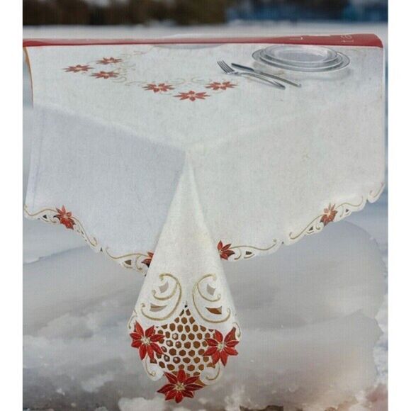Lintex Poinsettia Scroll Collection Christmas Fabric Tablecloth 70” Round NOS - Picture 1 of 11